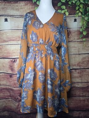 Shyanne Mustard Floral V-Neck Long Sleeve Dress